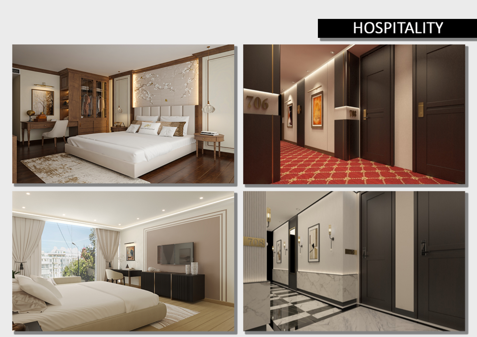 Hospitality interiors including hotel suites and corridors