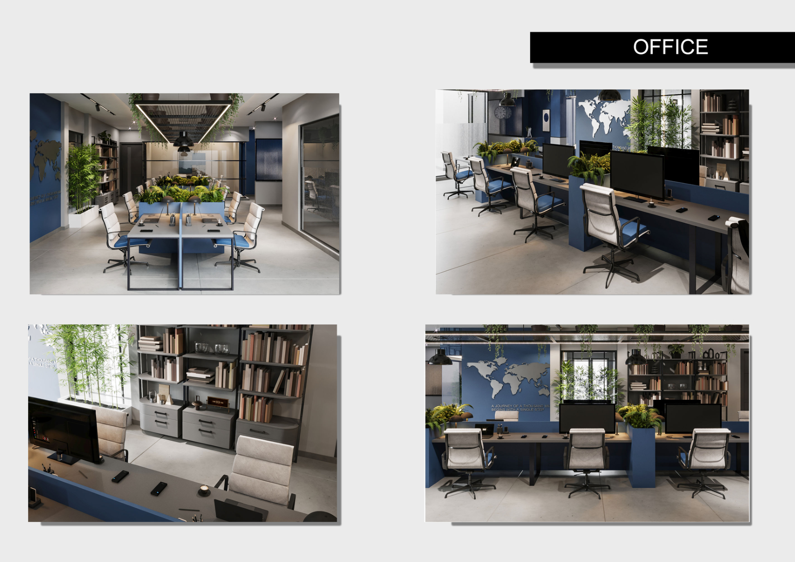 Modern office interiors with editorial blue palette by JNM