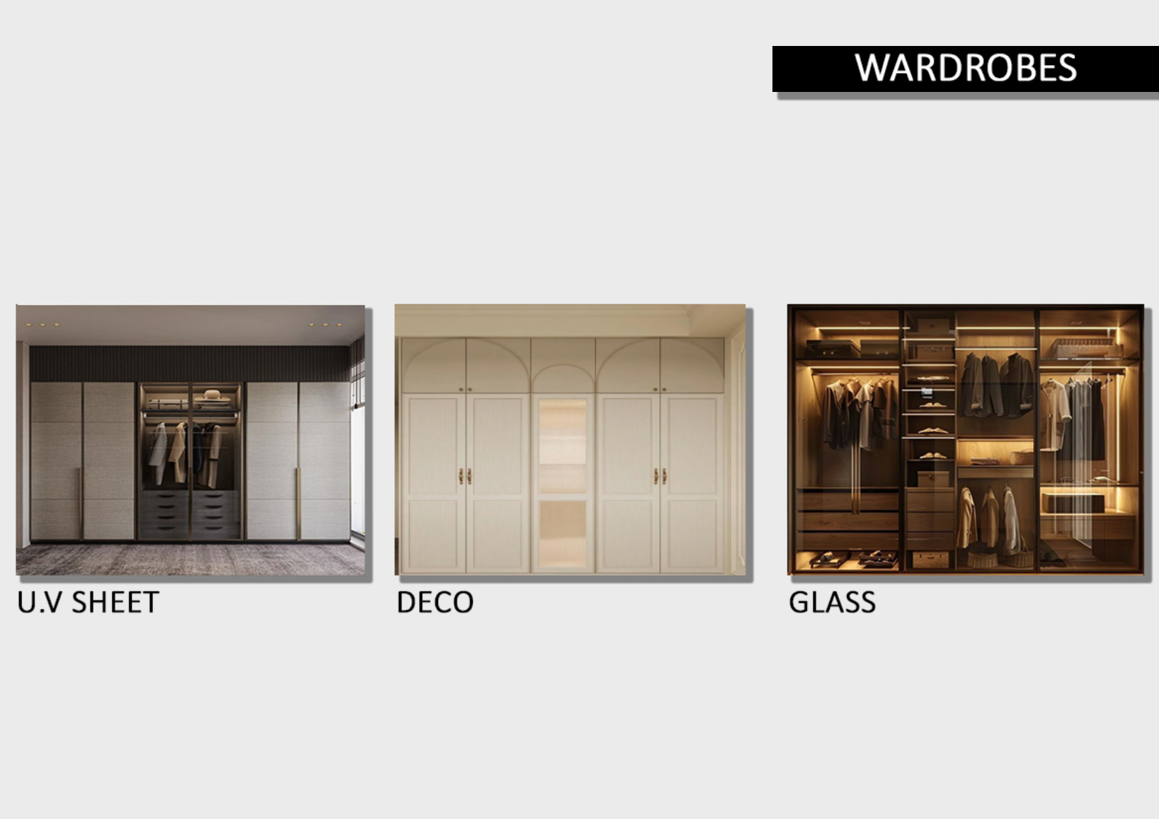 JNM wardrobes: U.V. sheet, deco, and glass finishes